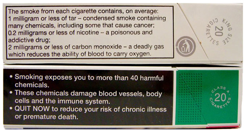  Pre-2006 nominal tar, nicotine and carbon monoxide yield labelling (top) and post-2006 qualitative smoke contents labelling 